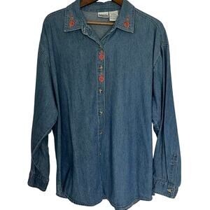 Vintage Embroidered Floral Denim Long Sleeve Shirt Button Down Oversized Size XL